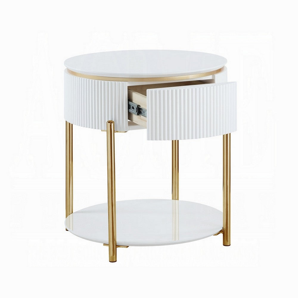 Tyce Side End Table with Drawer, 22 Inch Glossy White, Gold Metal -BM324668
