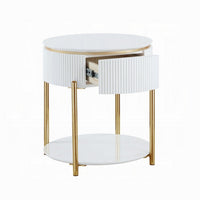 Tyce Side End Table with Drawer, 22 Inch Glossy White, Gold Metal -BM324668