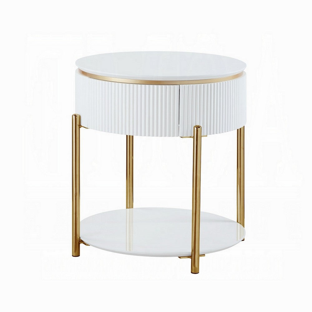 Tyce Side End Table with Drawer, 22 Inch Glossy White, Gold Metal -BM324668