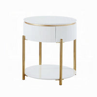 Tyce Side End Table with Drawer, 22 Inch Glossy White, Gold Metal -BM324668