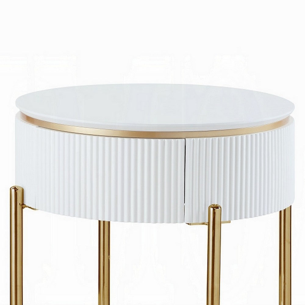 Tyce Side End Table with Drawer, 22 Inch Glossy White, Gold Metal -BM324668