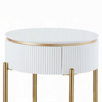 Tyce Side End Table with Drawer, 22 Inch Glossy White, Gold Metal -BM324668