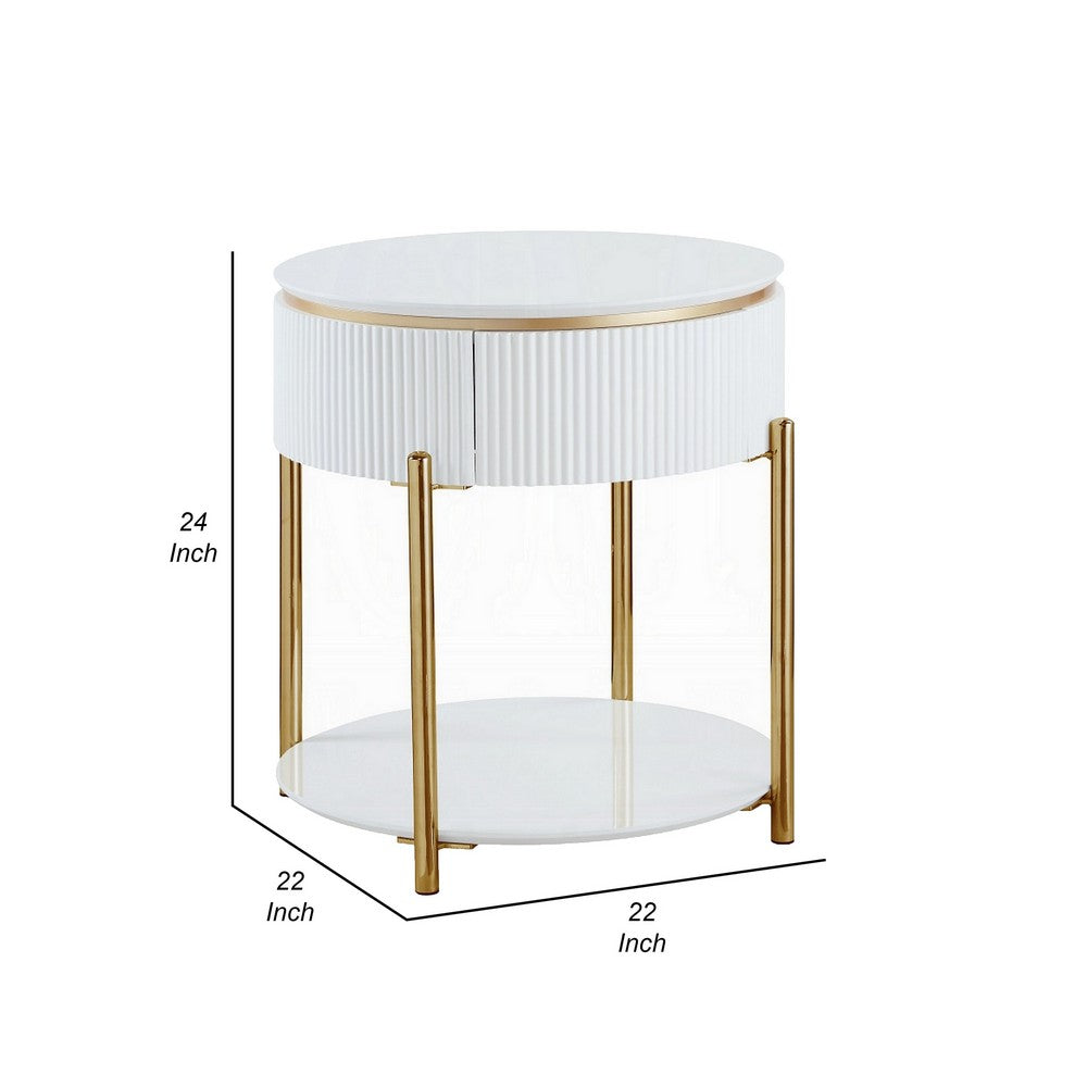 Tyce Side End Table with Drawer, 22 Inch Glossy White, Gold Metal -BM324668
