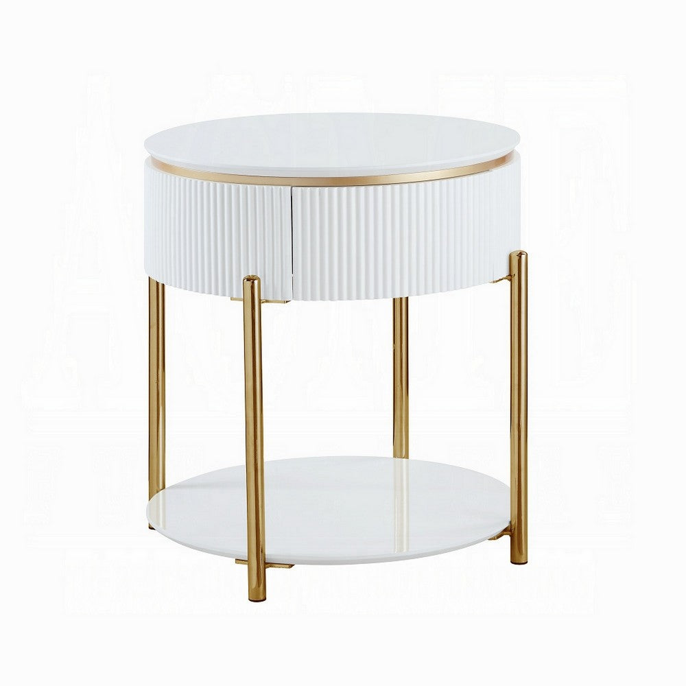 Tyce Side End Table with Drawer, 22 Inch Glossy White, Gold Metal -BM324668