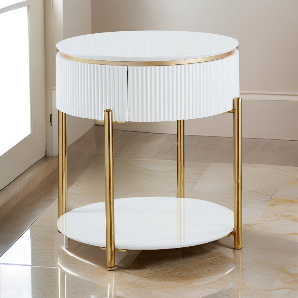 Tyce Side End Table with Drawer, 22 Inch Glossy White, Gold Metal -BM324668
