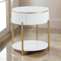 Tyce Side End Table with Drawer, 22 Inch Glossy White, Gold Metal -BM324668