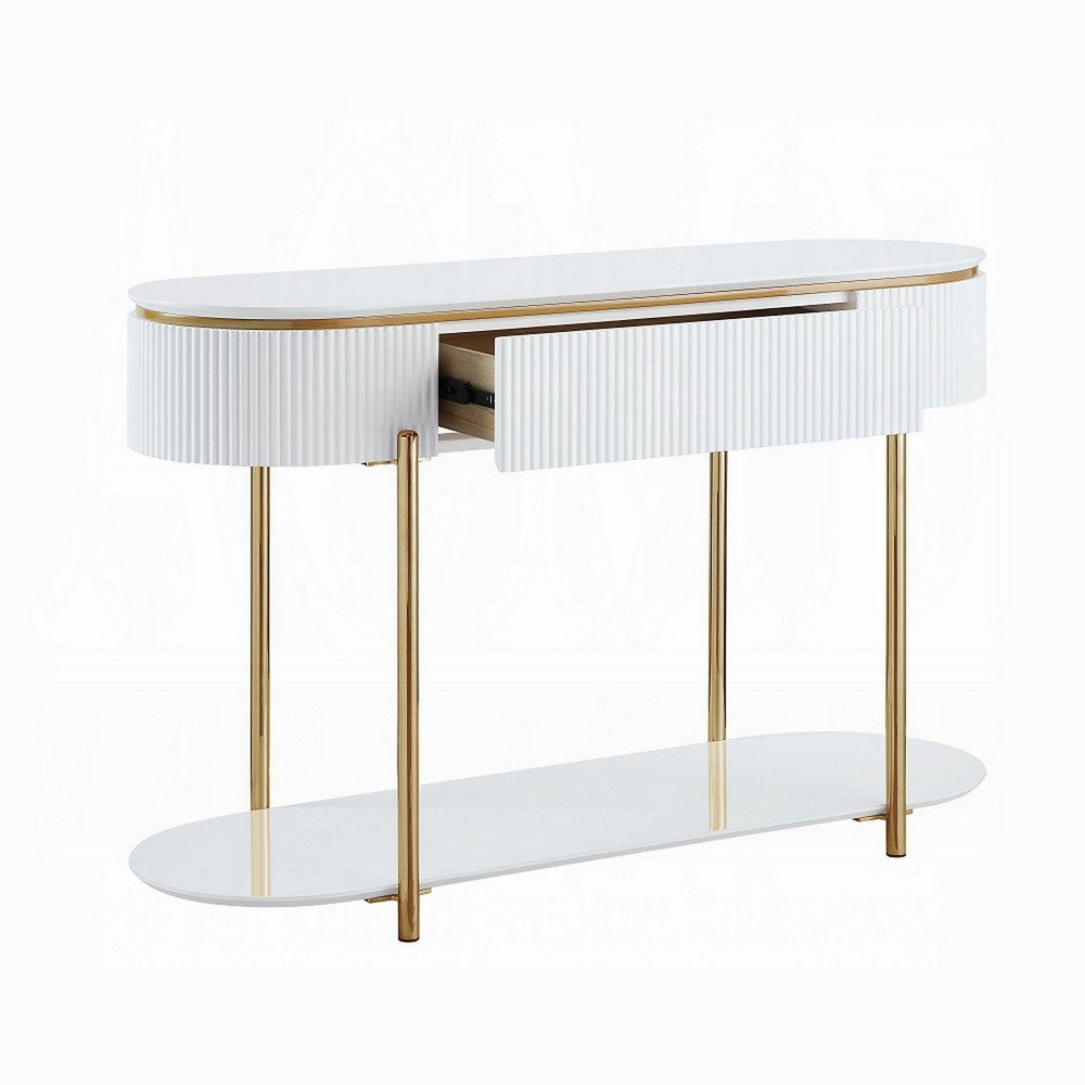 Tyce Sofa Table with Drawer, Shelf, 47 Inch Glossy White, Gold Metal -BM324669