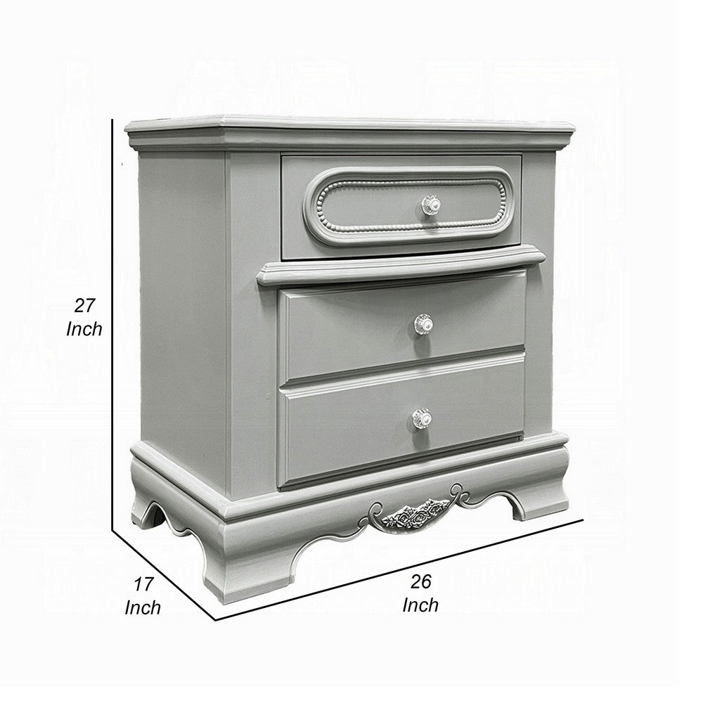 Auri Kids Nightstand, 3 Drawers and Scalloped Base, 27 Inch Gray Wood -BM324683