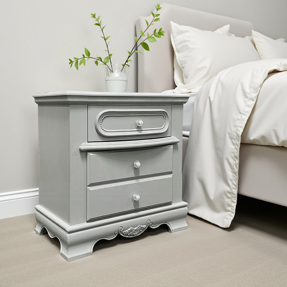 Auri Kids Nightstand, 3 Drawers and Scalloped Base, 27 Inch Gray Wood -BM324683