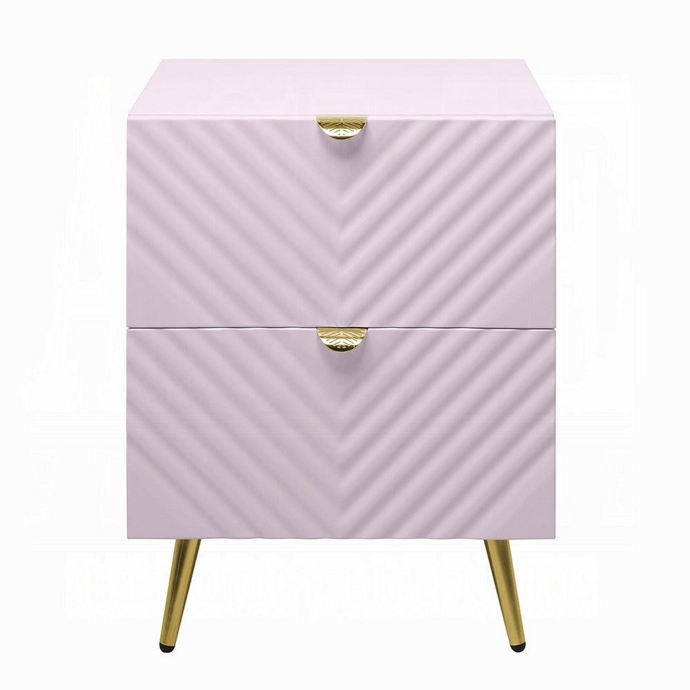 Tyra Nightstand, Geometric 2 Drawers, Gold Metal, 25 Inch Pink Wood -BM324684