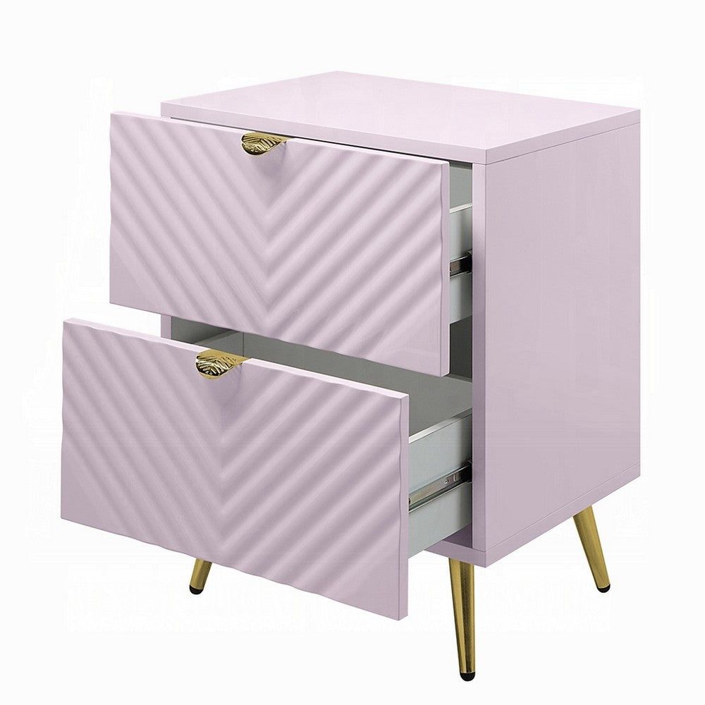 Tyra Nightstand, Geometric 2 Drawers, Gold Metal, 25 Inch Pink Wood -BM324684