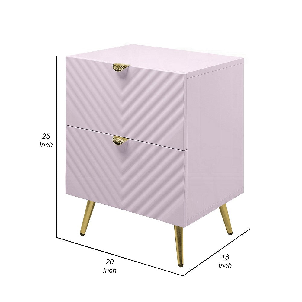 Tyra Nightstand, Geometric 2 Drawers, Gold Metal, 25 Inch Pink Wood -BM324684