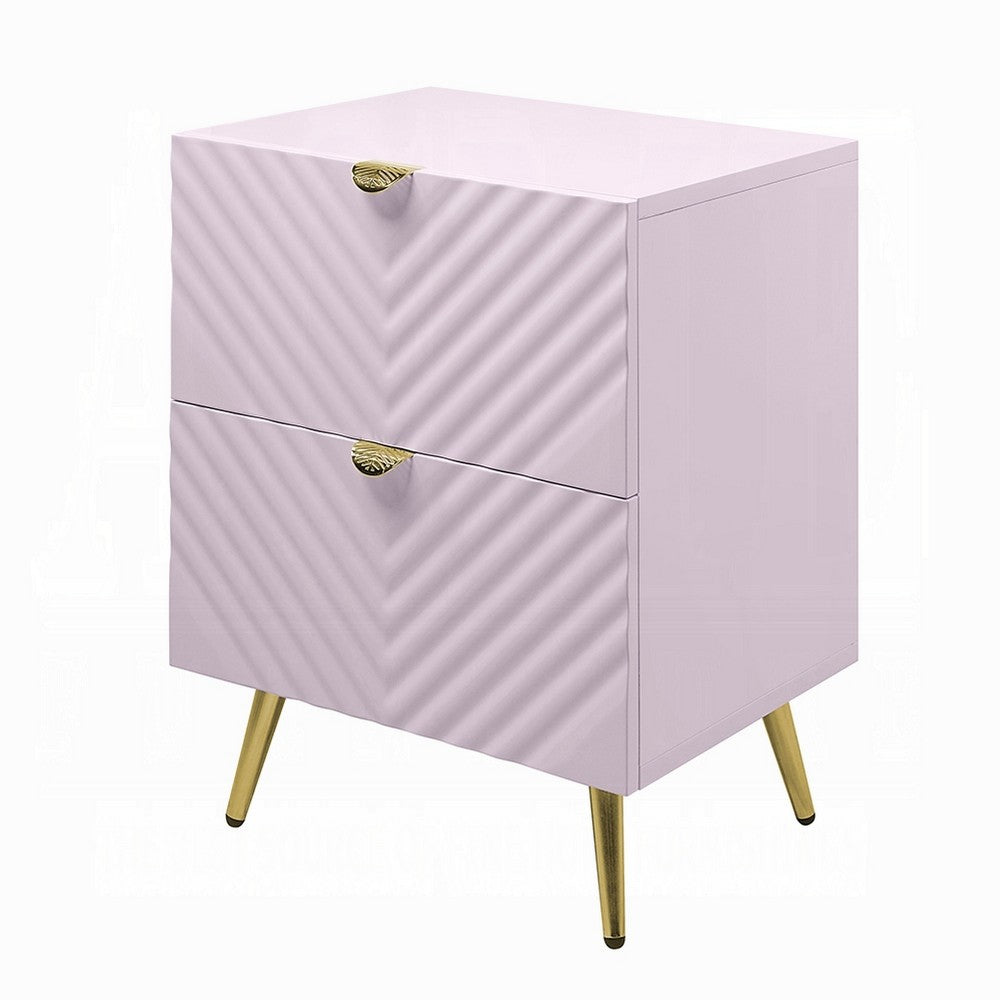 Tyra Nightstand, Geometric 2 Drawers, Gold Metal, 25 Inch Pink Wood -BM324684