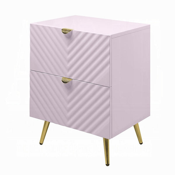 Tyra Nightstand, Geometric 2 Drawers, Gold Metal, 25 Inch Pink Wood -BM324684