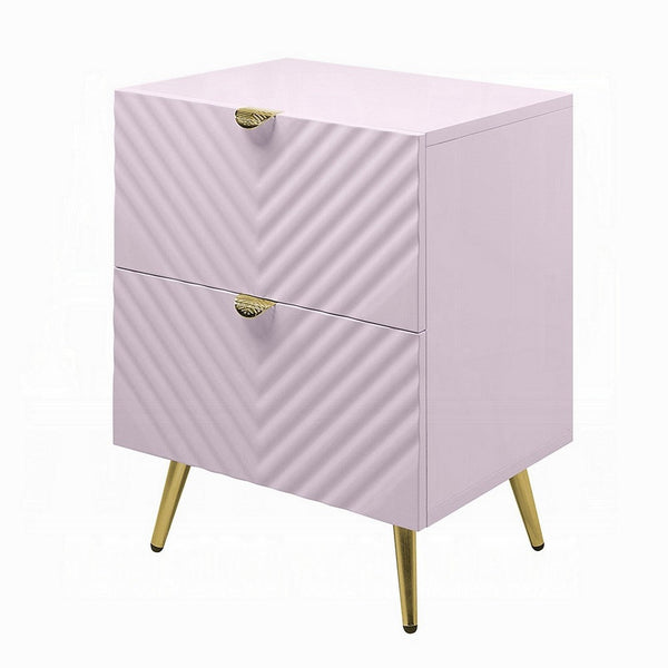 Tyra Nightstand, Geometric 2 Drawers, Gold Metal, 25 Inch Pink Wood