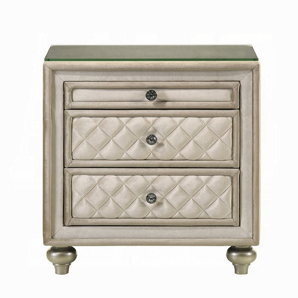 Willa Nightstand, 2 Drawers, Pull Out Tray, 27 Inch Wood, Beige Velvet -BM324705