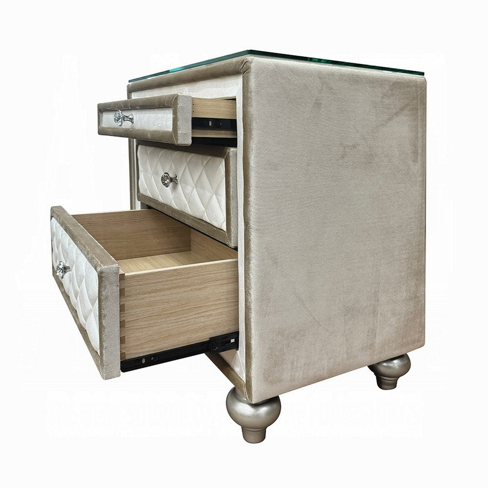 Willa Nightstand, 2 Drawers, Pull Out Tray, 27 Inch Wood, Beige Velvet -BM324705