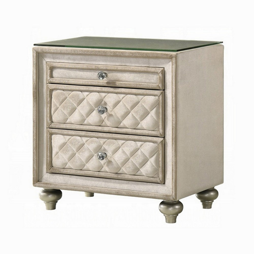Willa Nightstand, 2 Drawers, Pull Out Tray, 27 Inch Wood, Beige Velvet -BM324705