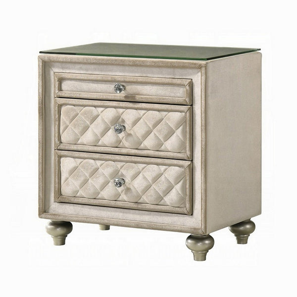 Willa Nightstand, 2 Drawers, Pull Out Tray, 27 Inch Wood, Beige Velvet -BM324705