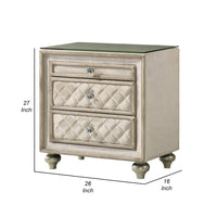 Willa Nightstand, 2 Drawers, Pull Out Tray, 27 Inch Wood, Beige Velvet -BM324705