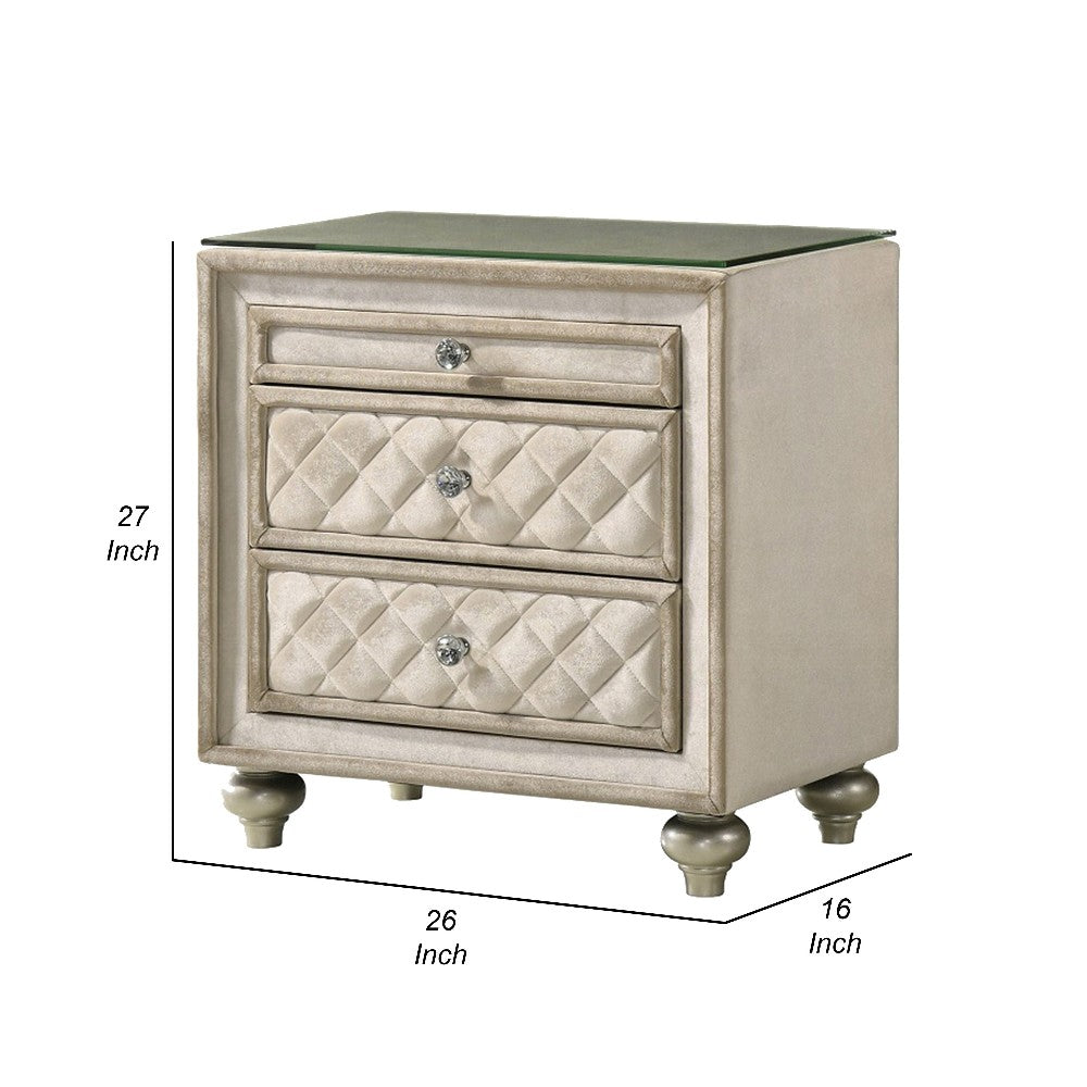 Willa Nightstand, 2 Drawers, Pull Out Tray, 27 Inch Wood, Beige Velvet -BM324705