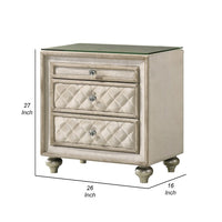 Willa Nightstand, 2 Drawers, Pull Out Tray, 27 Inch Wood, Beige Velvet -BM324705