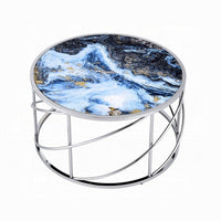Shira Round Coffee Table, 33 Inch, Open Chrome Base, Blue Faux Marble -BM324706