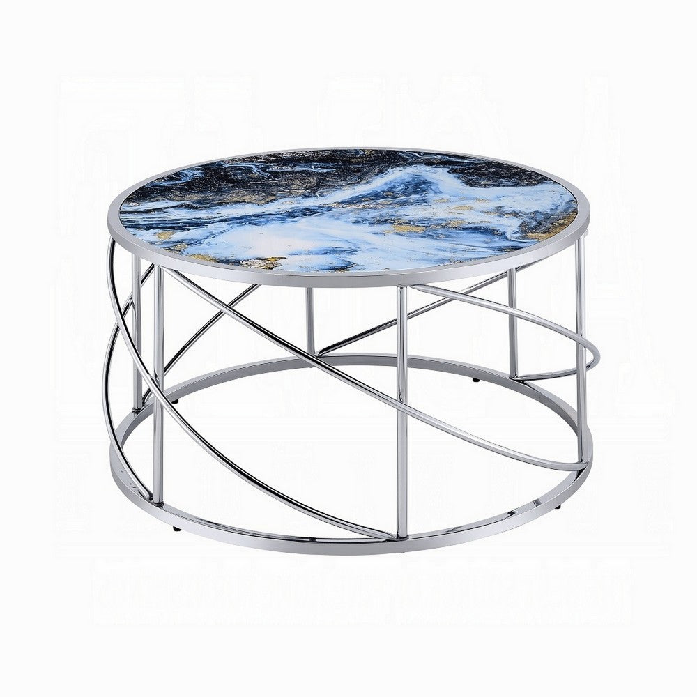 Shira Round Coffee Table, 33 Inch, Open Chrome Base, Blue Faux Marble -BM324706