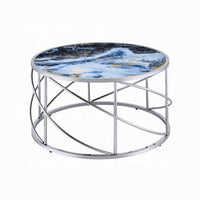 Shira Round Coffee Table, 33 Inch, Open Chrome Base, Blue Faux Marble -BM324706