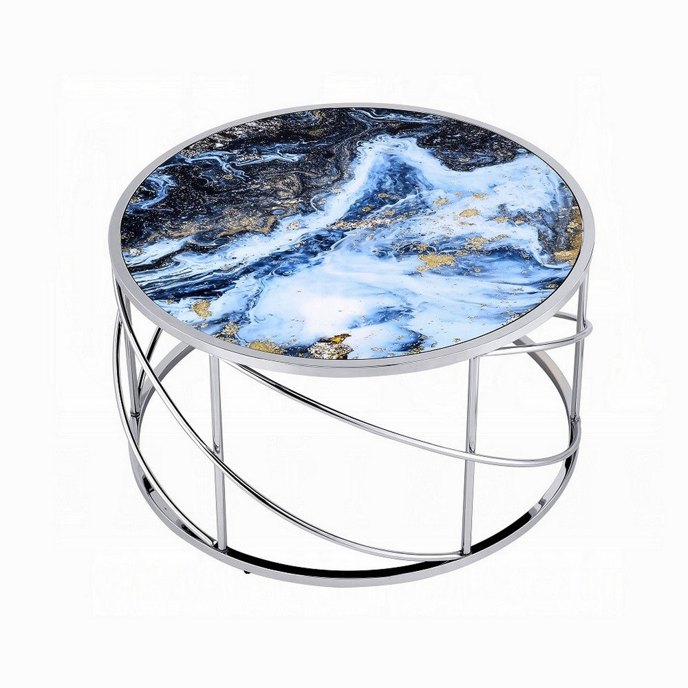 Shira Round Coffee Table, 33 Inch, Open Chrome Base, Blue Faux Marble -BM324706