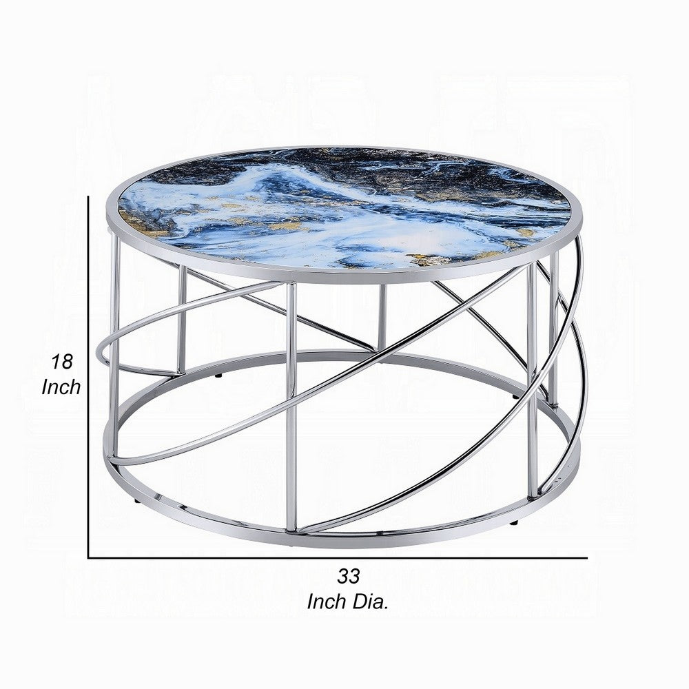 Shira Round Coffee Table, 33 Inch, Open Chrome Base, Blue Faux Marble -BM324706