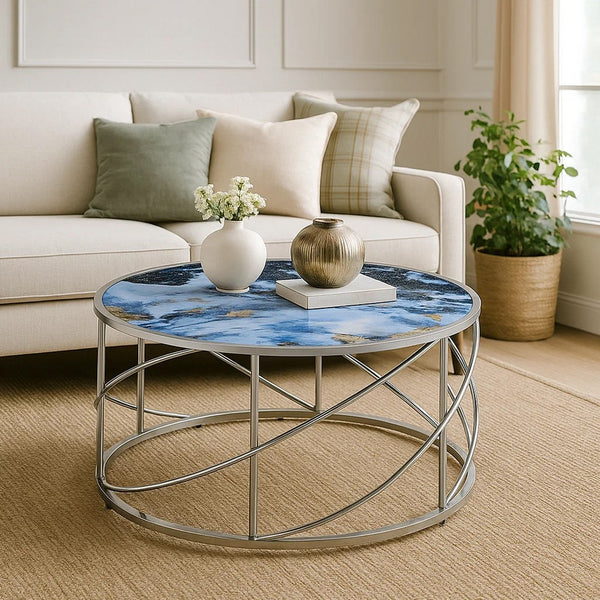 Shira Round Coffee Table, 33 Inch, Open Chrome Base, Blue Faux Marble -BM324706