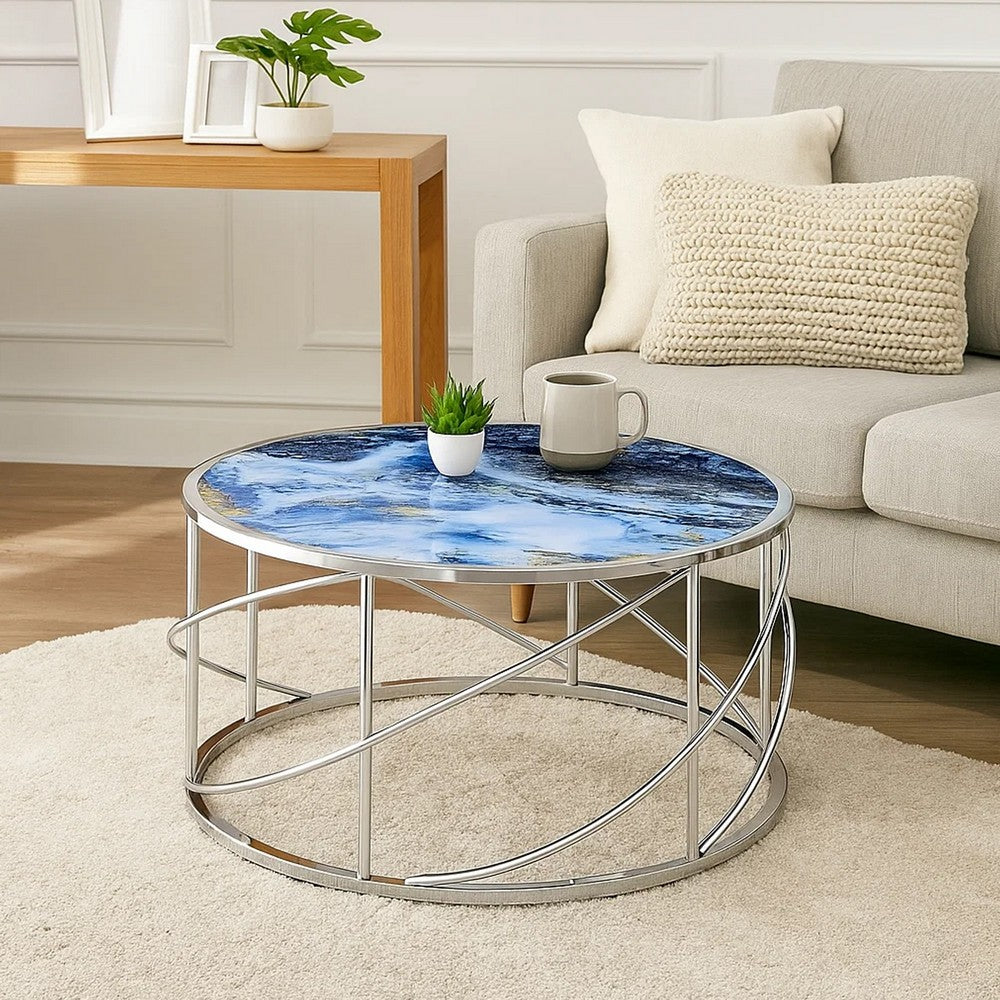Shira Round Coffee Table, 33 Inch, Open Chrome Base, Blue Faux Marble -BM324706