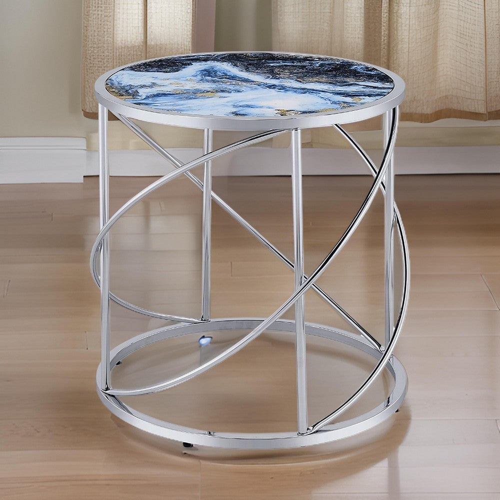 Shira Round Side End Table, 22 Inch, Open Chrome Base Blue Faux Marble -BM324707