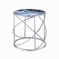 Shira Round Side End Table, 22 Inch, Open Chrome Base Blue Faux Marble -BM324707