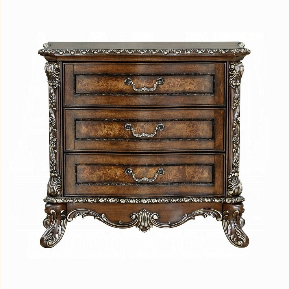 Vany Nightstand, Traditional Floral Trim, 3 Drawers, Cherry Brown -BM324714