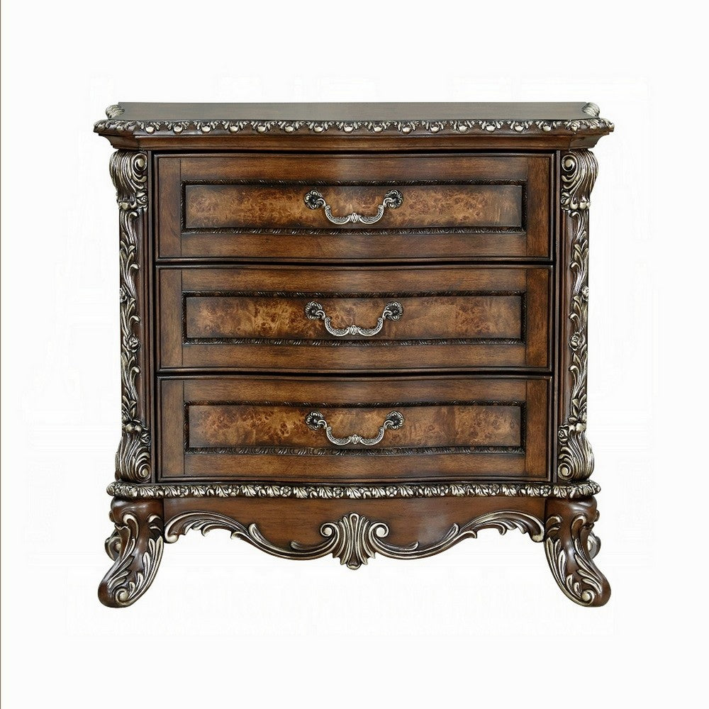 Vany Nightstand, Traditional Floral Trim, 3 Drawers, Cherry Brown -BM324714