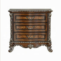 Vany Nightstand, Traditional Floral Trim, 3 Drawers, Cherry Brown -BM324714