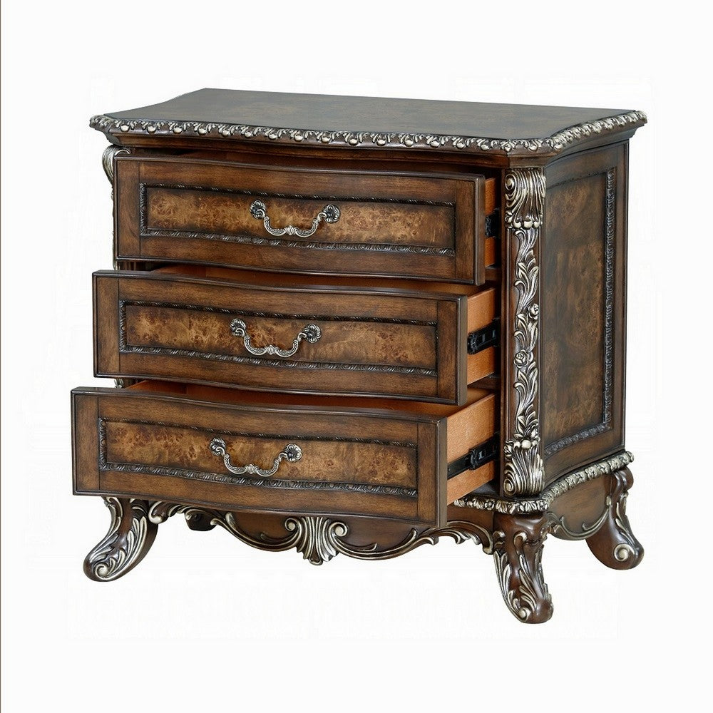 Vany Nightstand, Traditional Floral Trim, 3 Drawers, Cherry Brown -BM324714