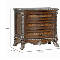 Vany Nightstand, Traditional Floral Trim, 3 Drawers, Cherry Brown -BM324714