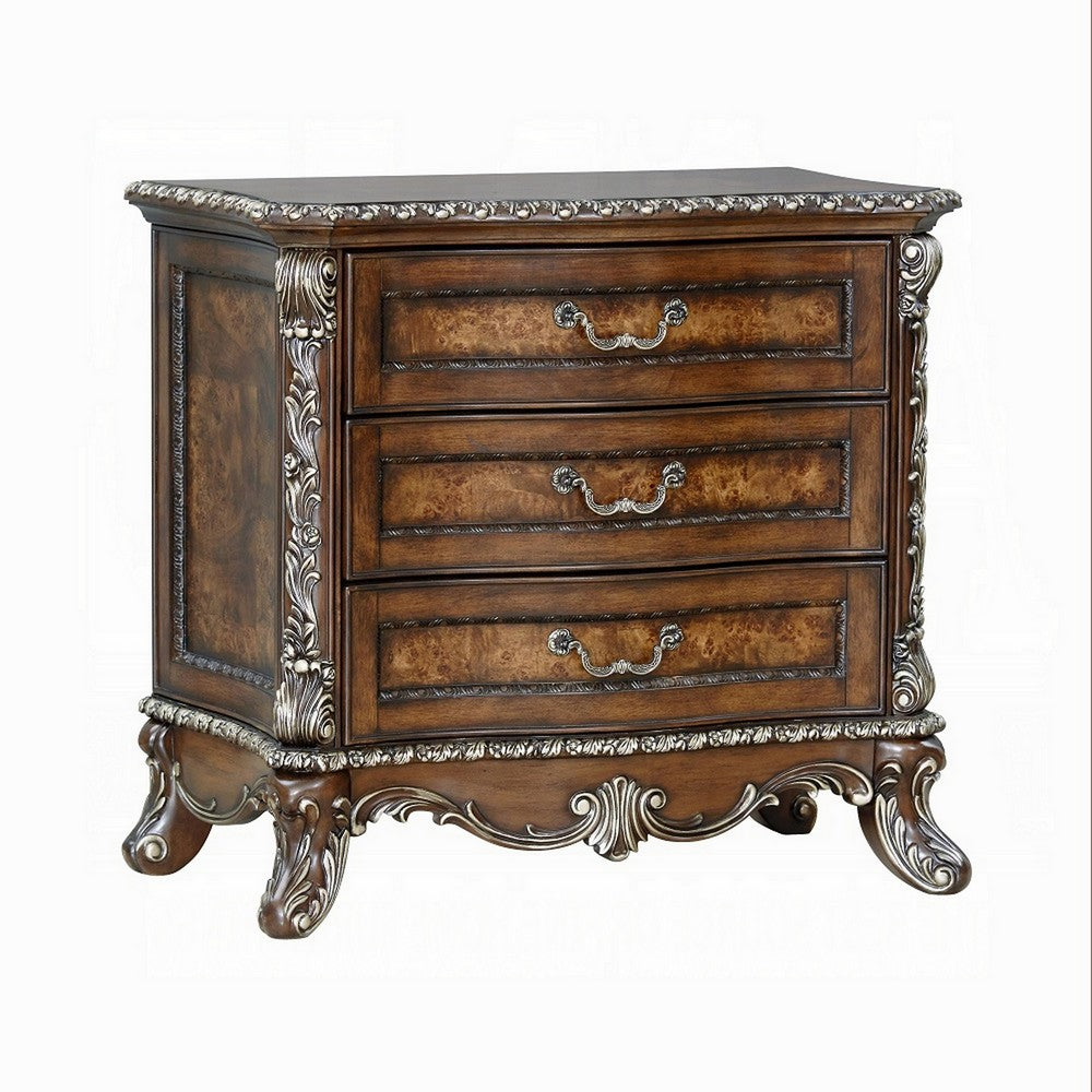Vany Nightstand, Traditional Floral Trim, 3 Drawers, Cherry Brown -BM324714
