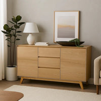 Semi Sideboard Buffet Console, 3 Drawers, 2 Cabinets, Oak Brown Wood -BM324723