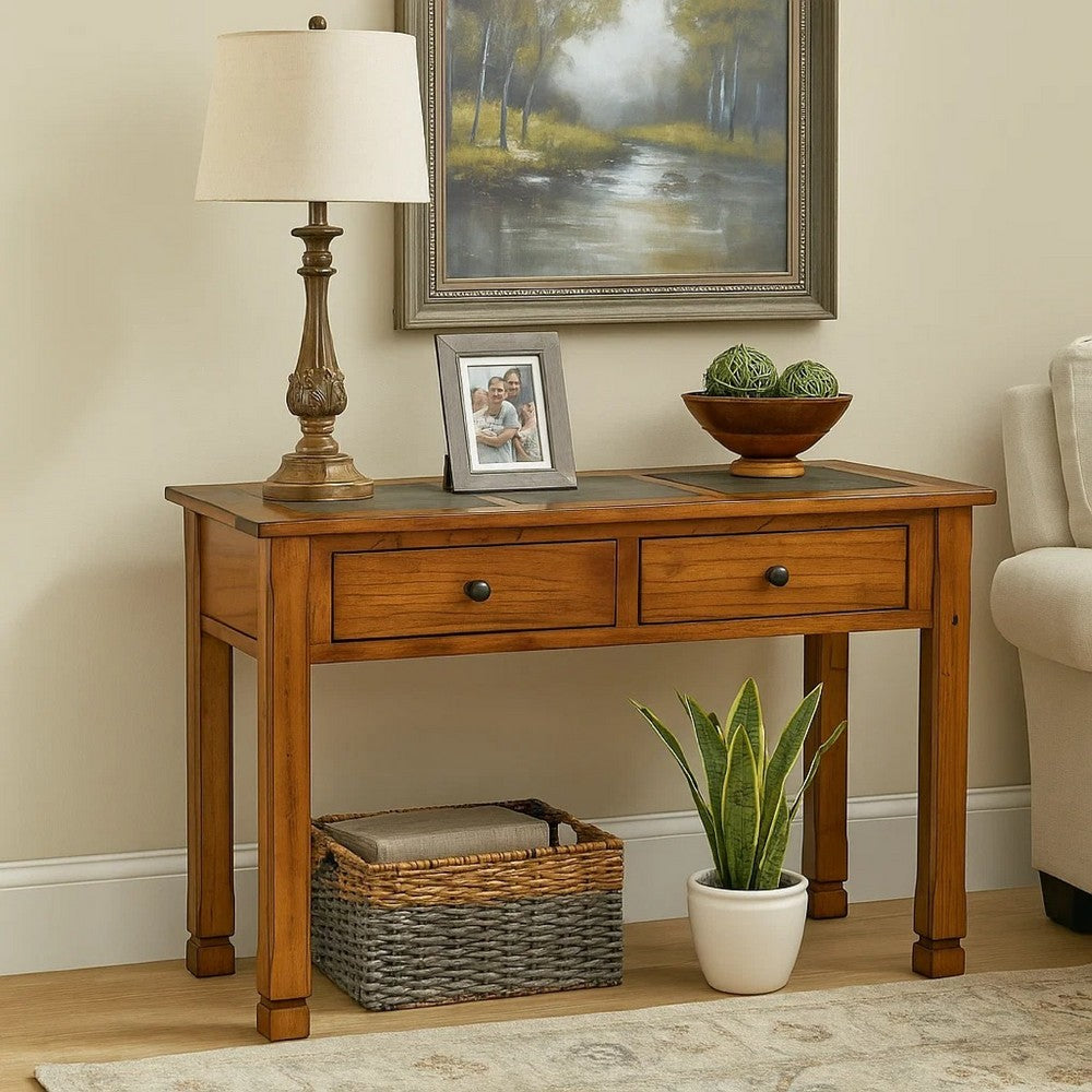 Marv Sofa Table w 2 Drawers, 48 Inch Rectangular Slate Inlay, Brown -BM324746