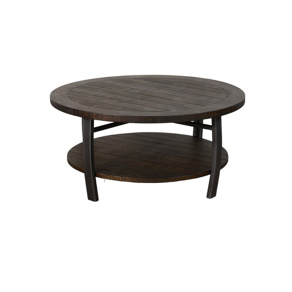 Flint Coffee Table w Shelf, Barrel Shape, 38 Inch Dark Brown Round Top -BM324751