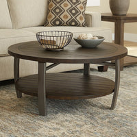 Flint Coffee Table w Shelf, Barrel Shape, 38 Inch Dark Brown Round Top -BM324751