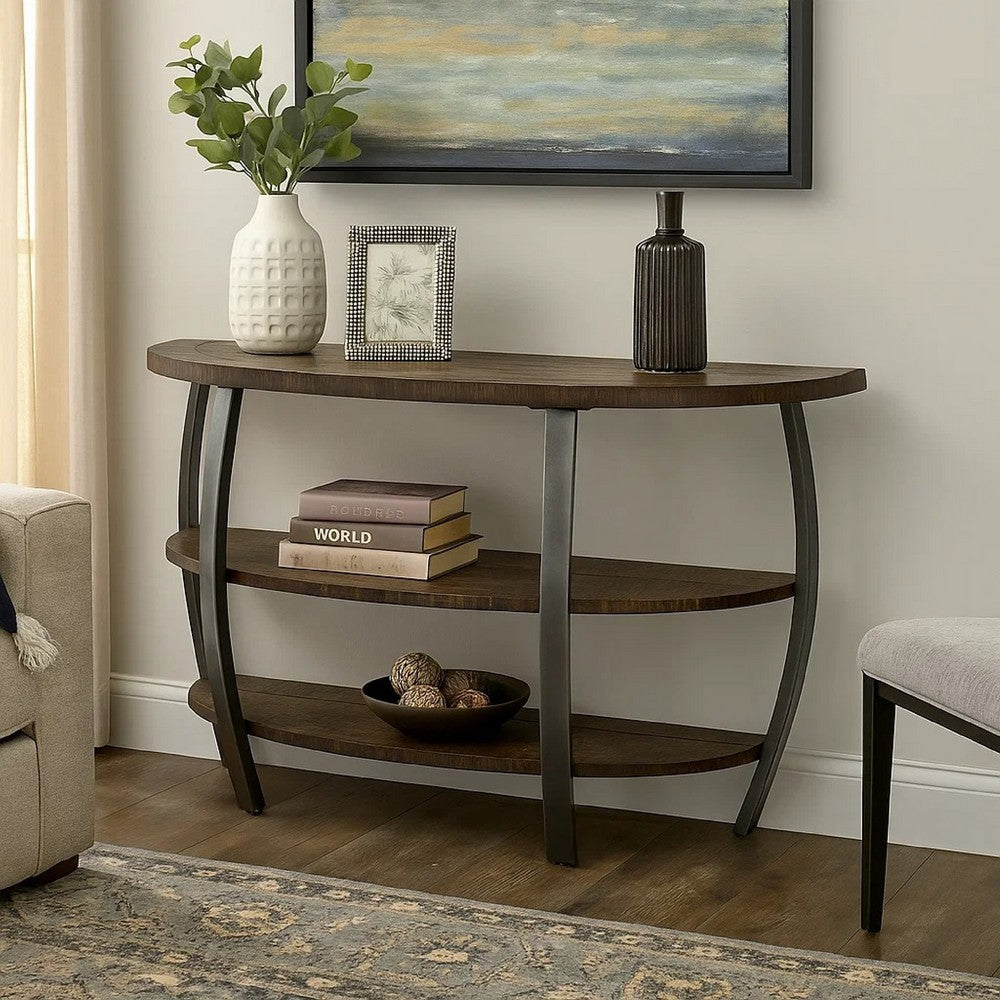 Flint Sofa Table w 2 Shelves, 52 Inch Semi Circle Top, Brown, Barrel -BM324753
