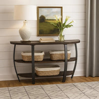 Flint Sofa Table w 2 Shelves, 52 Inch Semi Circle Top, Brown, Barrel -BM324753