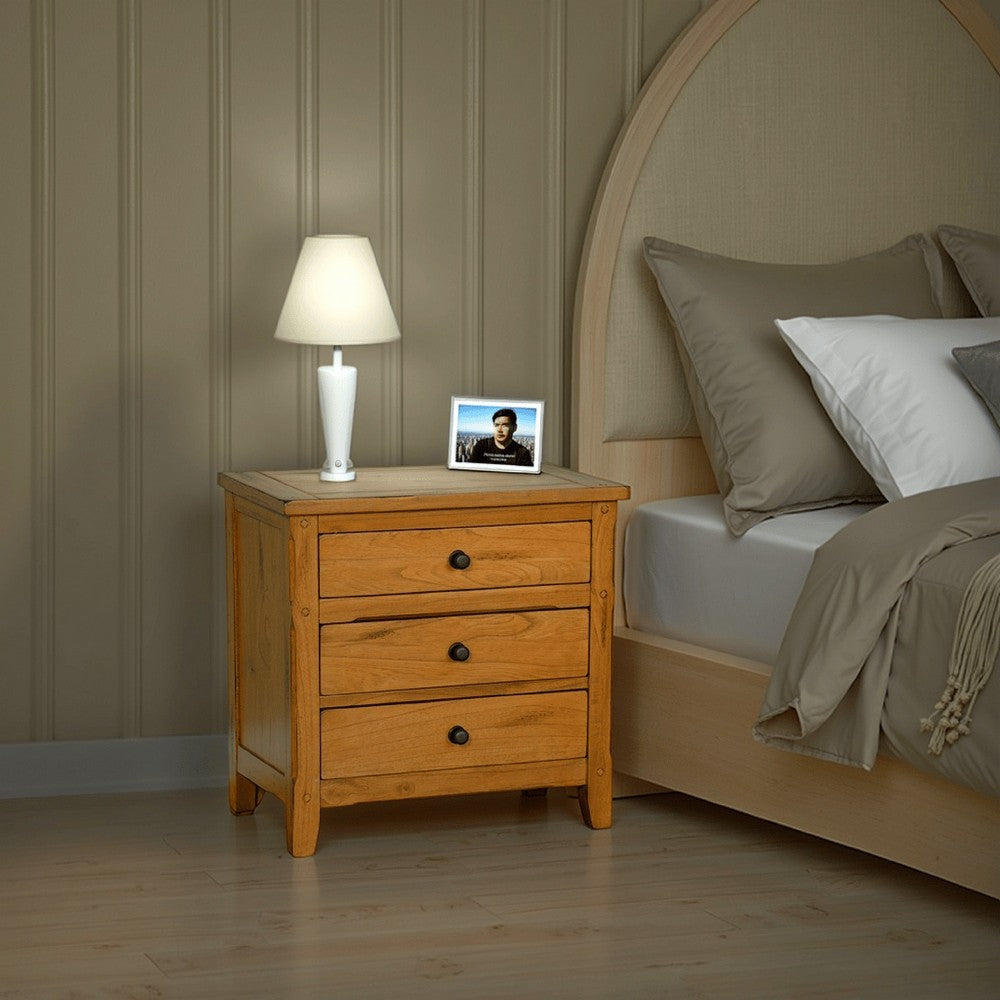 Marv Nightstand, 3 Drawers, Rustic Light Brown Solid Wood 29 Inch -BM324767