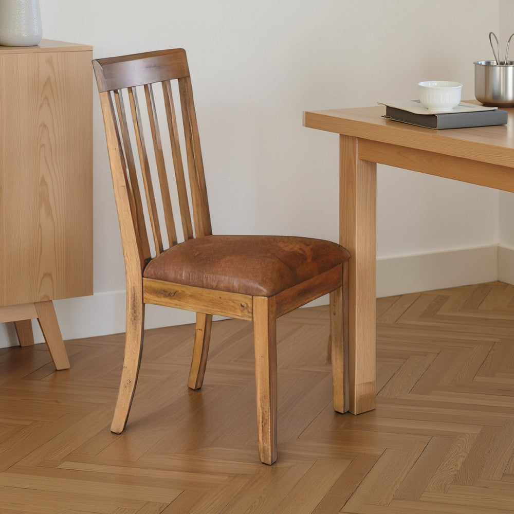 Marv Set of 2 Dining Chairs, Slat Back, Light Brown Microfiber, Mahogany Mindi - BM324819