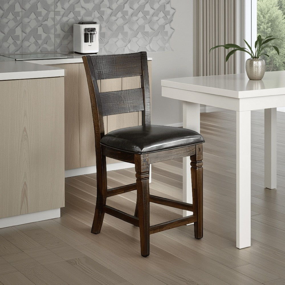 Flint Set of 2 Counter Stool Chairs, Ladderback, Black, Dark Brown Mahogany Wood - BM324822